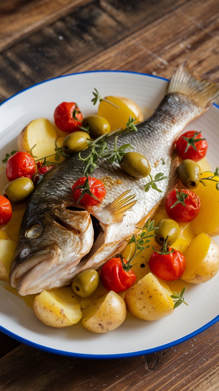 Roasted sea bass on potatoes with tomatoes and olives, garnished with herbs on a rustic table.